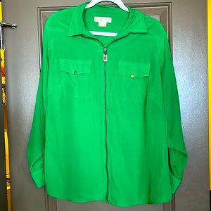 Michael Kors Womens Full Zip Blouse Top Green Long Sleeve W/Front Pockets